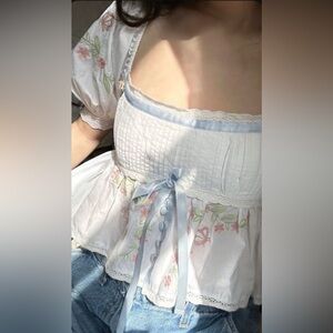 For Love And Lemons Carrington White and Blue Embroidered Blouse sz Small